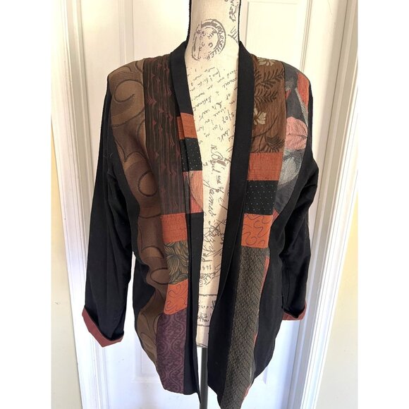 Anna Brown Open Blazer Jacket Patchwork Quilt Art to Wear Casual Coastal Small - Picture 1 of 9